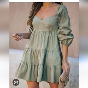 Baby Doll Mini Tiered On Or Off Shoulder Dress Boho Olive green Small